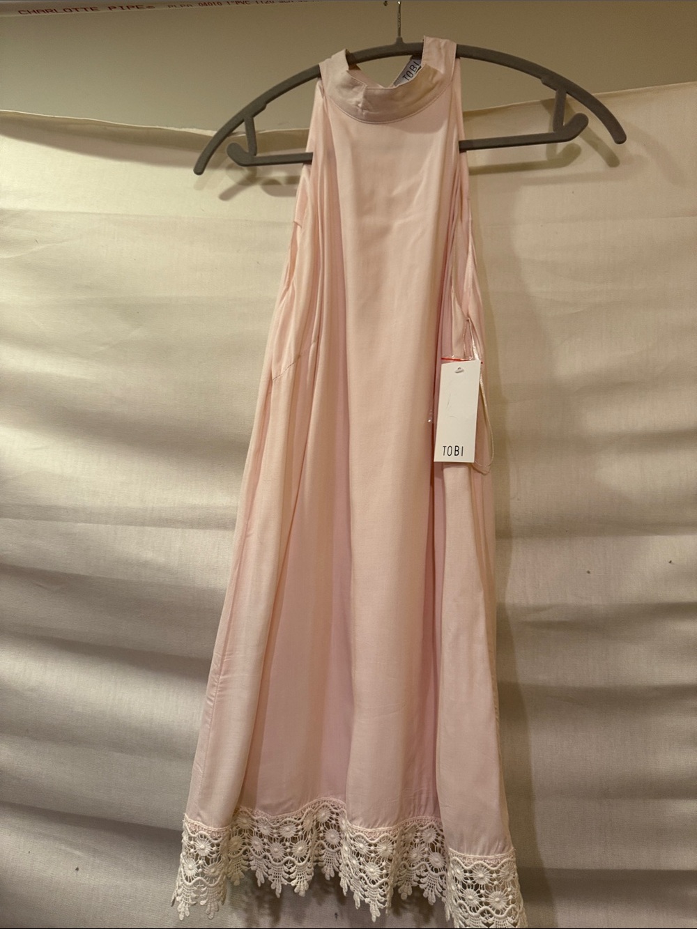 Tobi Soft Pink Halter Dress with Lace Trim